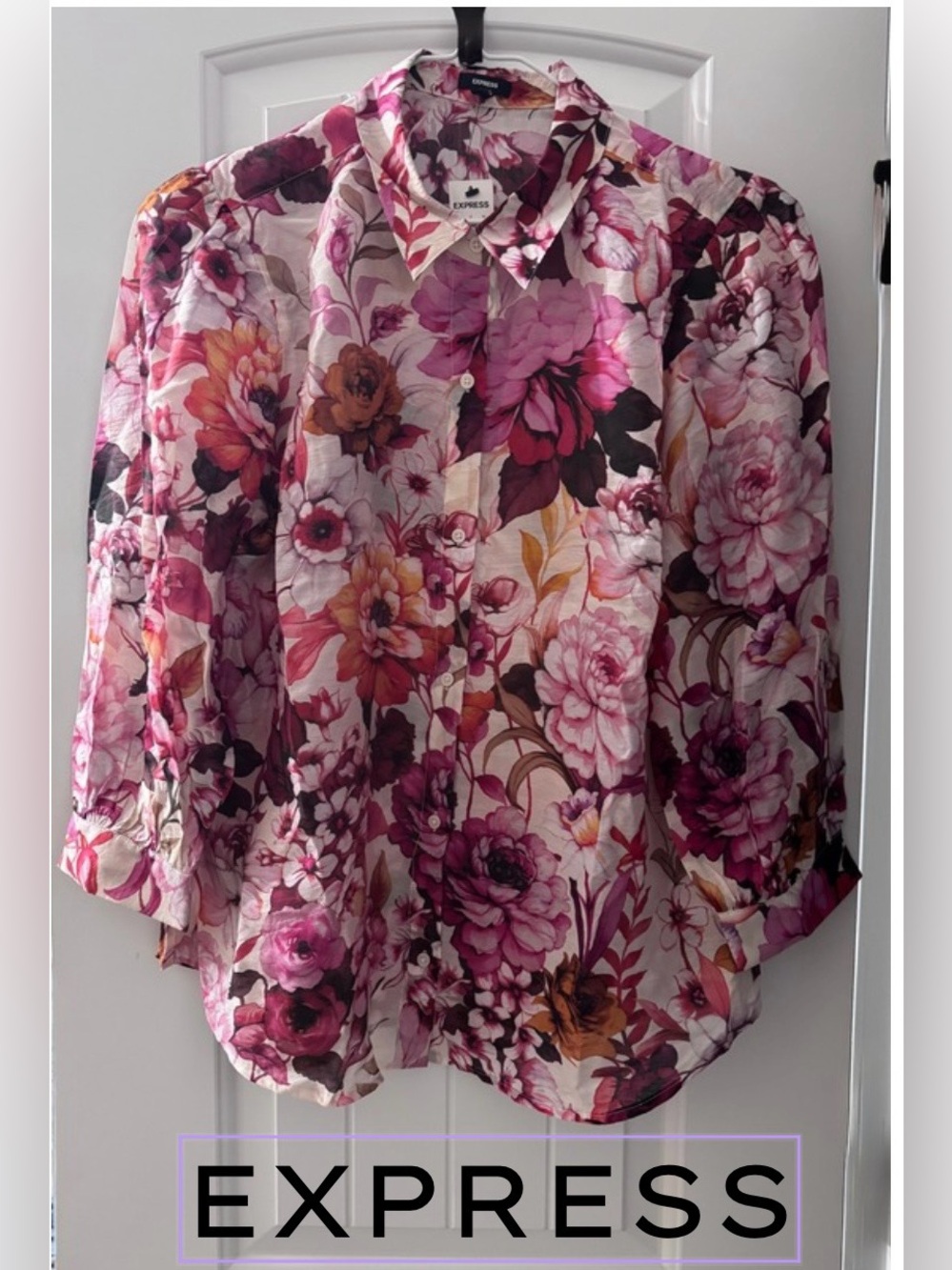 Express Pink Multi Floral 
Button Front 
Puffed Shoulder Design
Portofino Shirt